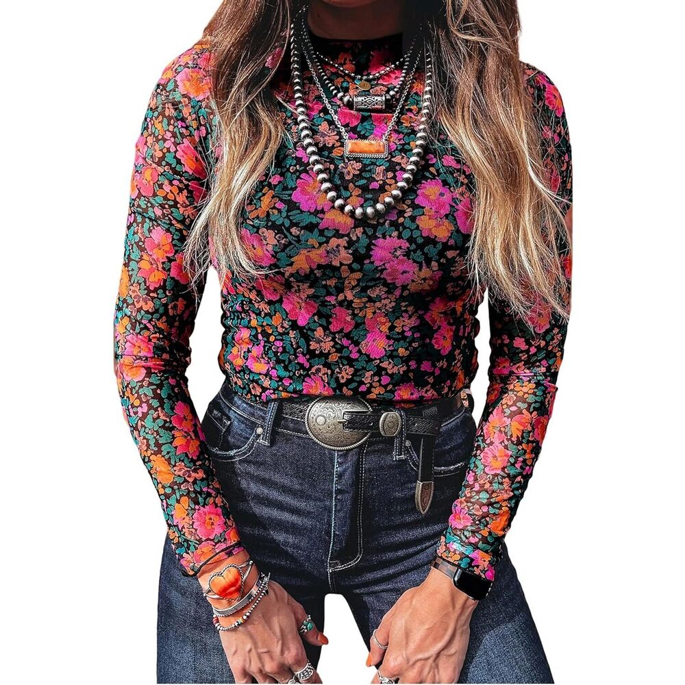 Long Sleeve Mesh Tops for Women Floral Print Sheer Blouses Mock Neck See